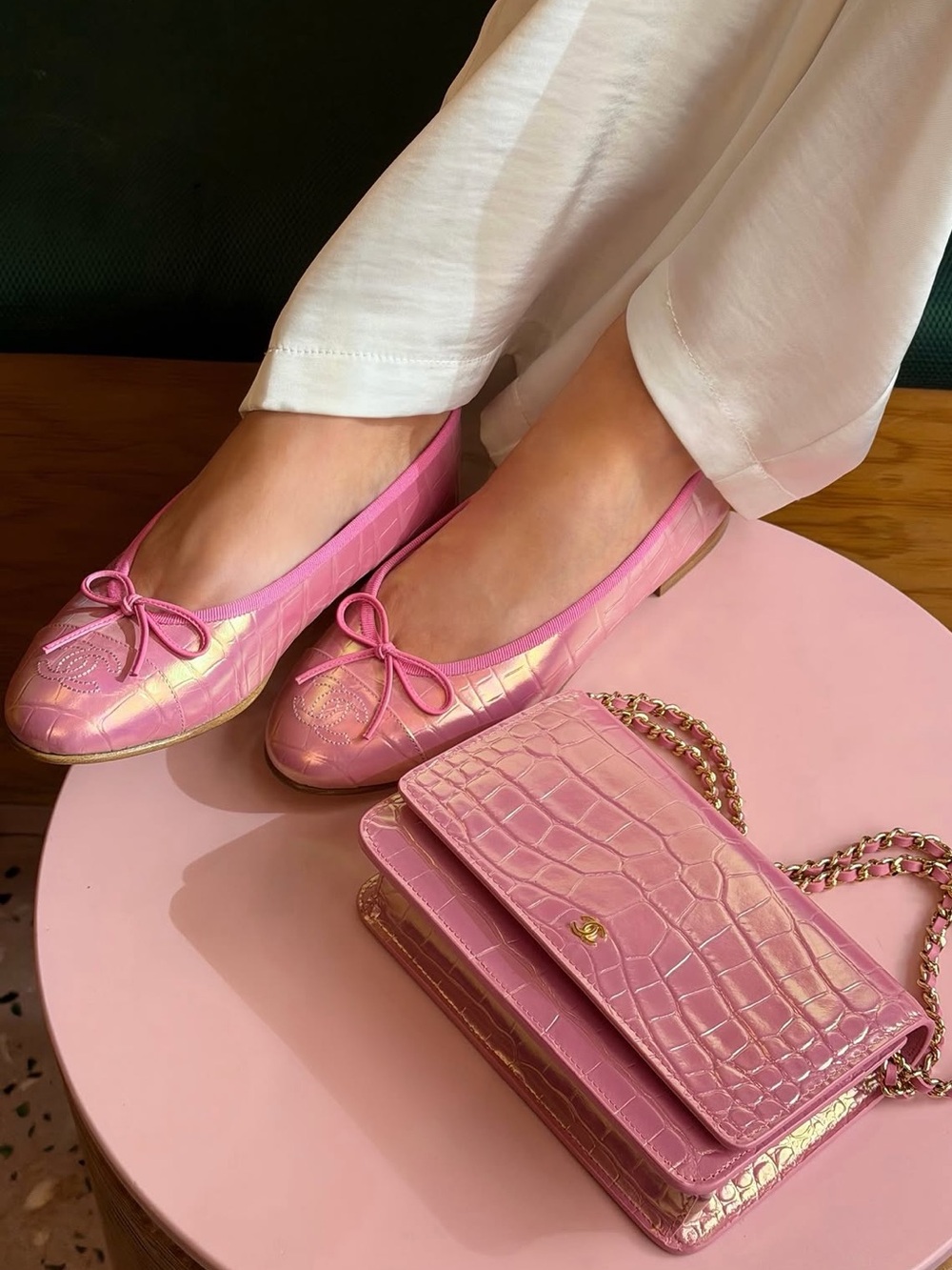 CHANEL Pink Iridescent Quilted Leather Ballet Flats